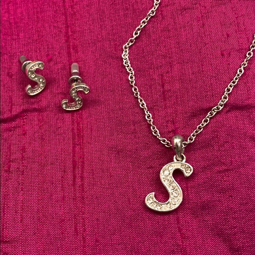Silver initial necklace and earring set